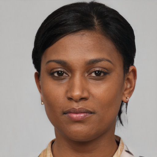Neutral asian young-adult female with short  black hair and brown eyes