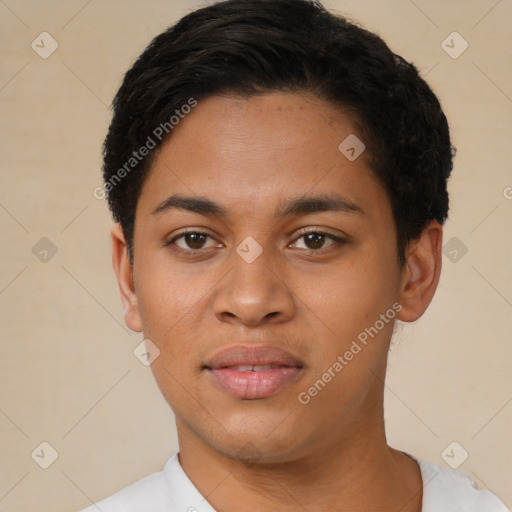 Neutral latino young-adult male with short  black hair and brown eyes