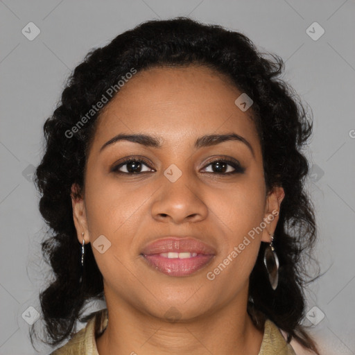 Joyful black young-adult female with medium  brown hair and brown eyes