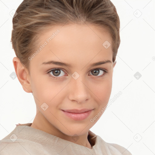 Joyful white child female with short  brown hair and brown eyes