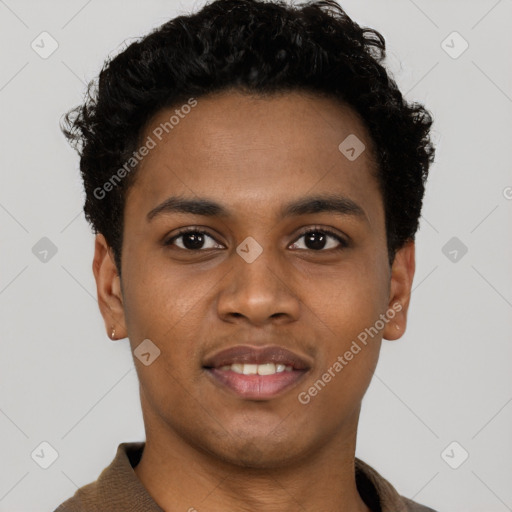 Joyful black young-adult male with short  brown hair and brown eyes