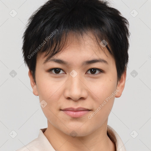 Joyful asian young-adult female with short  brown hair and brown eyes