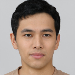 Neutral asian young-adult male with short  black hair and brown eyes