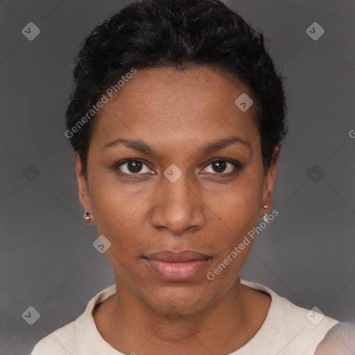 Neutral black young-adult female with short  black hair and brown eyes