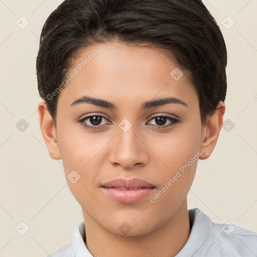 Joyful white young-adult female with short  brown hair and brown eyes