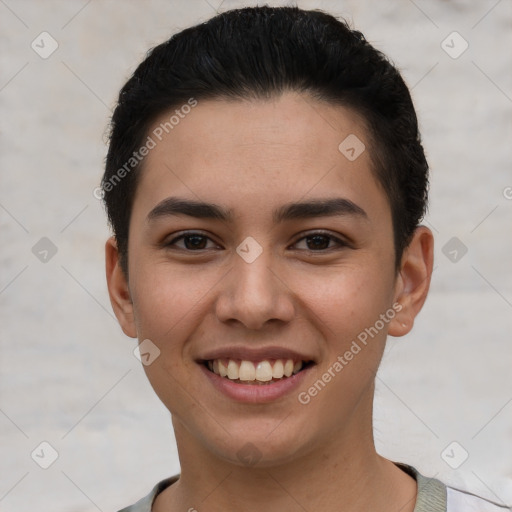 Joyful white young-adult female with short  brown hair and brown eyes