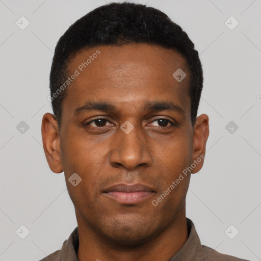 Neutral latino young-adult male with short  black hair and brown eyes