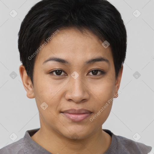 Joyful asian young-adult female with short  brown hair and brown eyes