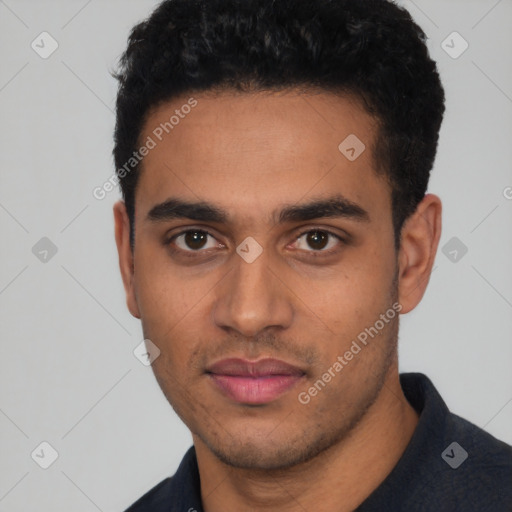 Neutral latino young-adult male with short  black hair and brown eyes
