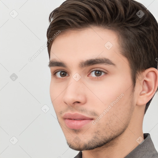 Neutral white young-adult male with short  brown hair and brown eyes