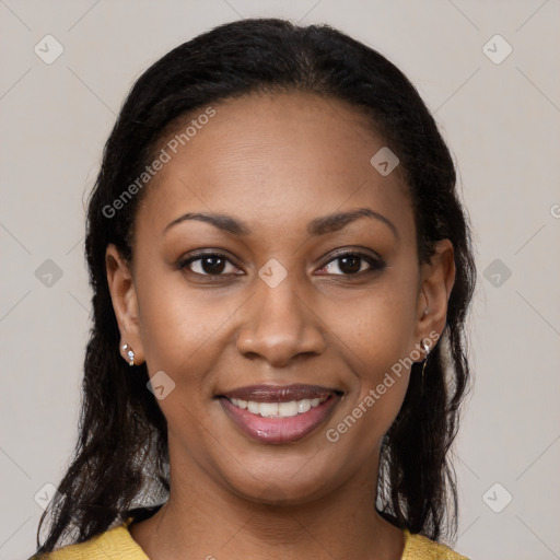 Joyful latino young-adult female with long  brown hair and brown eyes