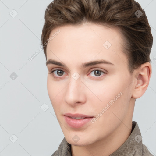 Neutral white young-adult female with short  brown hair and brown eyes