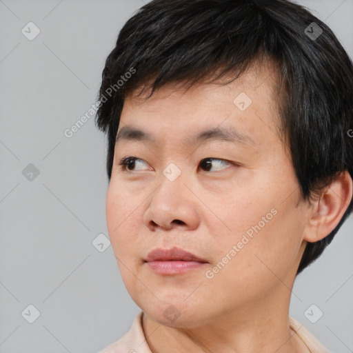 Neutral asian young-adult male with short  black hair and brown eyes