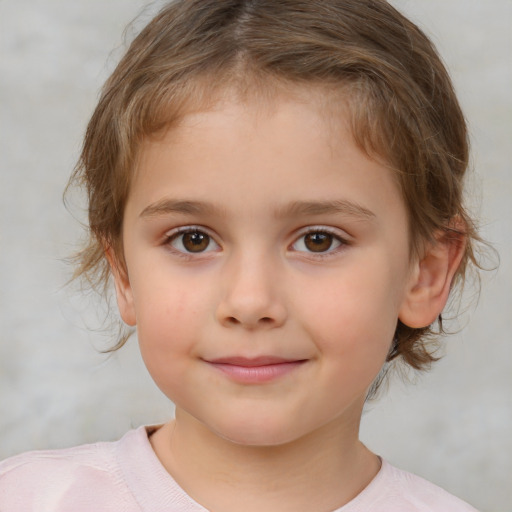 Joyful white child female with medium  brown hair and brown eyes