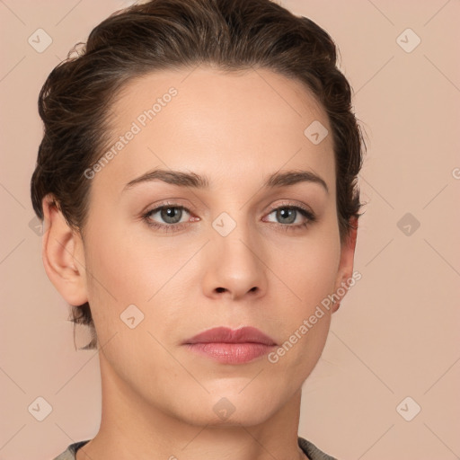 Neutral white young-adult female with short  brown hair and brown eyes