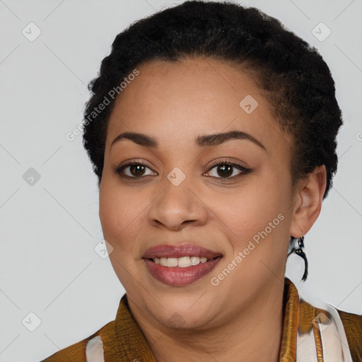 Joyful latino young-adult female with short  brown hair and brown eyes