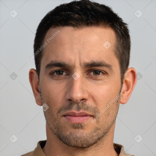 Neutral white young-adult male with short  brown hair and brown eyes