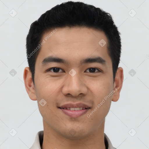 Joyful latino young-adult male with short  black hair and brown eyes