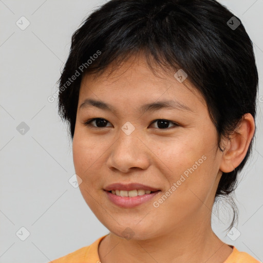 Joyful asian young-adult female with medium  brown hair and brown eyes