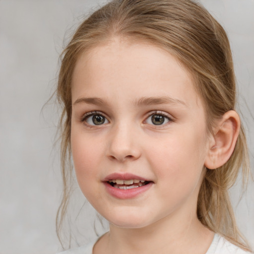 Joyful white child female with medium  brown hair and blue eyes