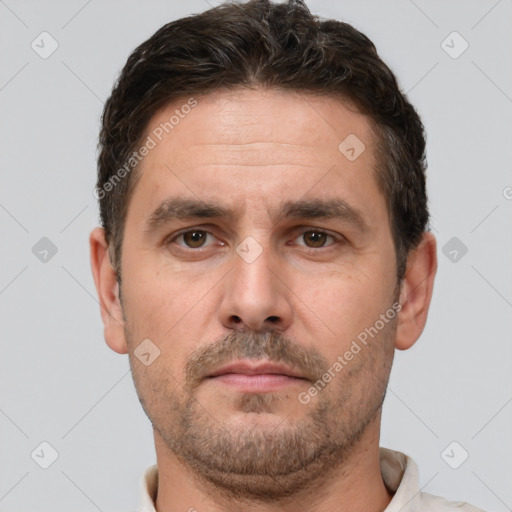 Neutral white adult male with short  brown hair and brown eyes