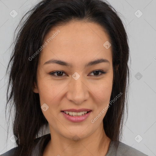 Joyful latino young-adult female with medium  brown hair and brown eyes