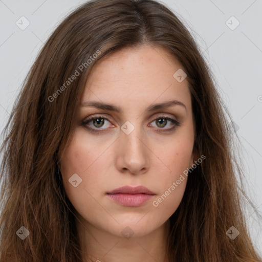 Neutral white young-adult female with long  brown hair and brown eyes