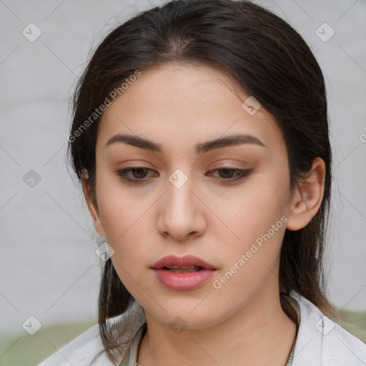 Neutral white young-adult female with medium  brown hair and brown eyes