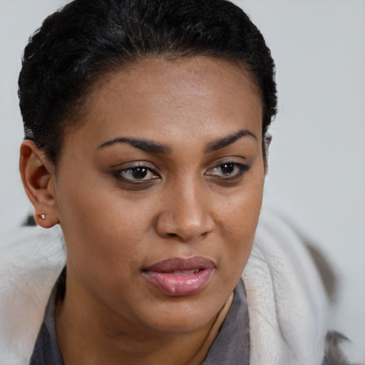 Joyful black young-adult female with short  brown hair and brown eyes