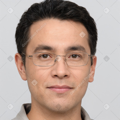 Joyful white adult male with short  brown hair and brown eyes