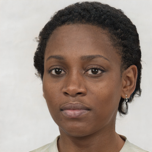 Neutral black young-adult female with short  brown hair and brown eyes