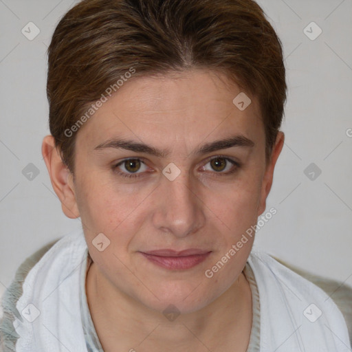 Joyful white young-adult female with short  brown hair and brown eyes