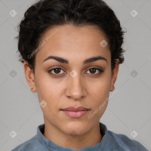 Neutral white young-adult female with short  brown hair and brown eyes