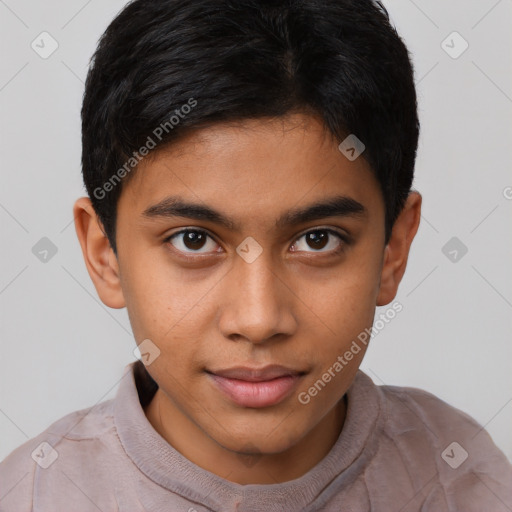 Neutral latino young-adult male with short  brown hair and brown eyes