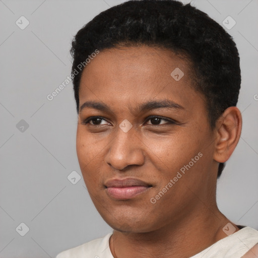 Joyful black young-adult female with short  black hair and brown eyes