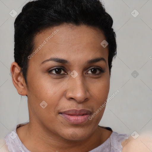 Joyful latino young-adult female with short  brown hair and brown eyes