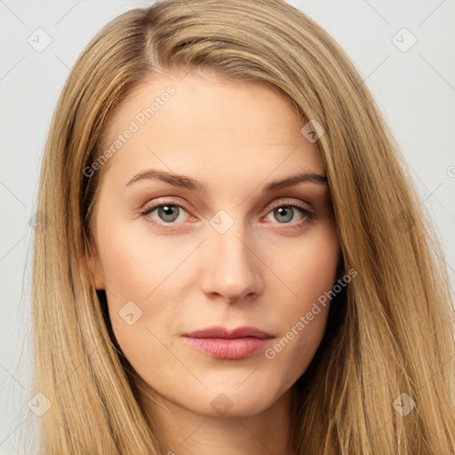 Neutral white young-adult female with long  brown hair and brown eyes