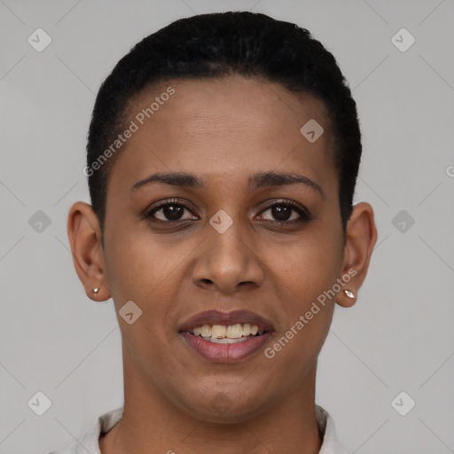 Joyful latino young-adult female with short  brown hair and brown eyes