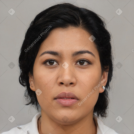 Neutral asian young-adult female with medium  brown hair and brown eyes