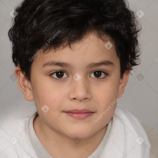 Joyful white child male with short  brown hair and brown eyes