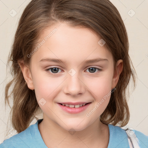 Joyful white child female with medium  brown hair and brown eyes