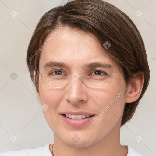 Joyful white adult female with short  brown hair and brown eyes