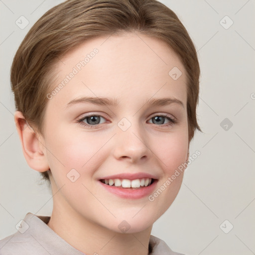 Joyful white child female with short  brown hair and grey eyes