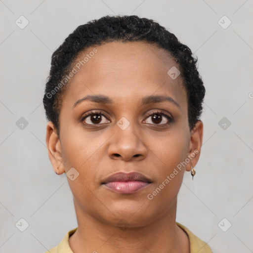 Neutral black young-adult female with short  brown hair and brown eyes