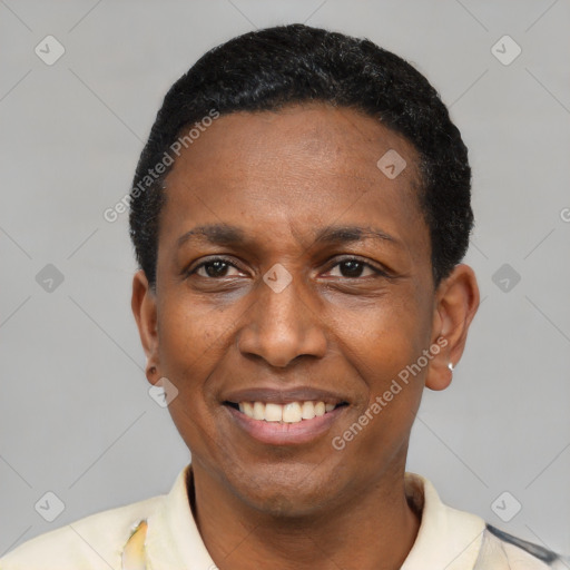 Joyful latino adult female with short  black hair and brown eyes