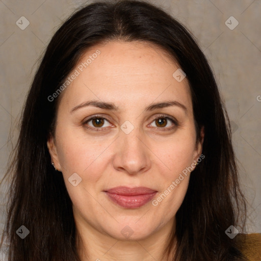 Joyful white adult female with long  brown hair and brown eyes