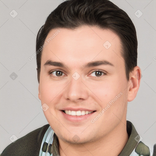 Joyful white young-adult male with short  brown hair and brown eyes