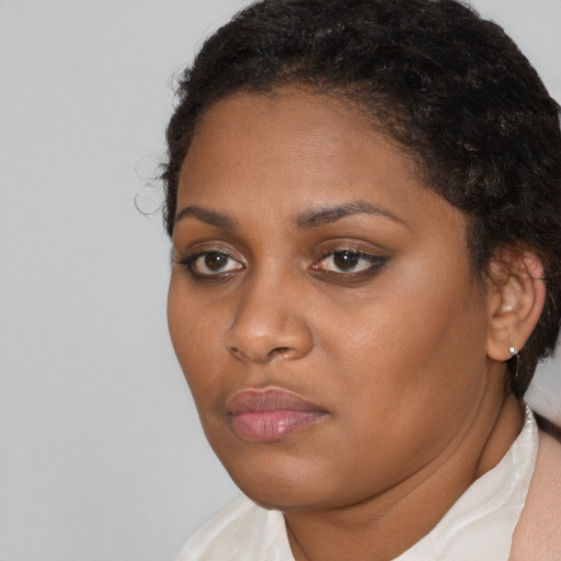 Neutral black young-adult female with short  brown hair and brown eyes