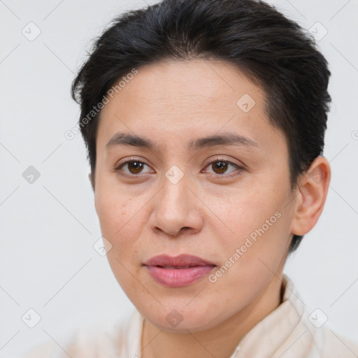 Joyful white young-adult female with short  brown hair and brown eyes