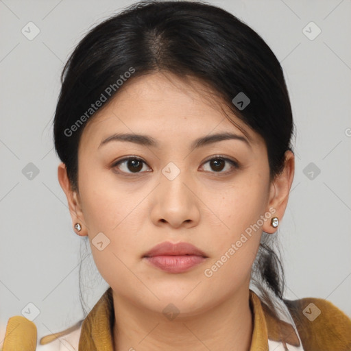 Neutral asian young-adult female with medium  brown hair and brown eyes